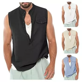 (Куниде) Мужской хлопковый льняной камзол с воротником, свободный жилет без рукавов, свободная футболка на пуговицах, топ, толстовка для фитнеса S