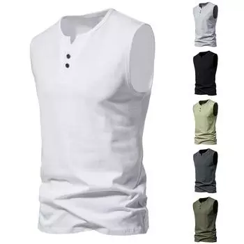 (Куниде) Мужской жилет с широкими плечами, футболка без рукавов с воротником, мужской жилет, однотонная футболка с низом M чёрный