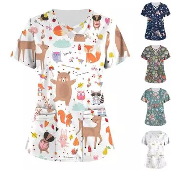 (Куниде) Плюс размер, милая рабочая форма с принтом, топы для женщин, забавные футболки с перекрестным v-образным вырезом и короткими рукавами, рабочая одежда, футболка с карманами S тёмно-синий