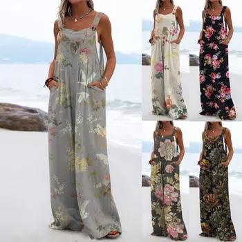 (Куниде) Широкие комбинезоны для женщин, повседневные свободные комбинезоны без рукавов, ретро-принт, пуговицы, длинные брюки, комбинезон с карманами XXXL светло-серый