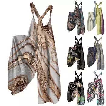 (Куниде) Широкие комбинезоны для женщин, повседневные свободные комбинезоны без рукавов, ретро-принт, металлические пуговицы, длинные брюки, комбинезон с карманами S чёрный