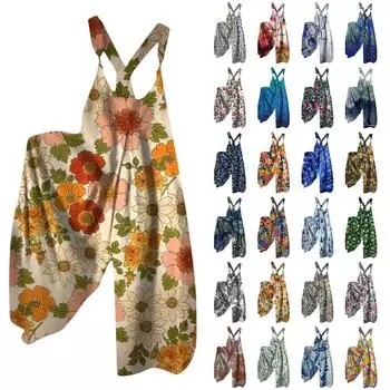 (Куниде) Широкие комбинезоны для женщин, повседневные свободные комбинезоны без рукавов, ретро-принт, металлические пуговицы, длинные брюки, комбинезон с карманами XXXL синий