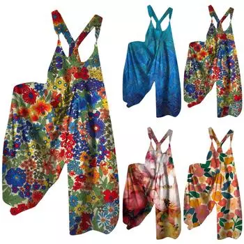 (Куниде) Широкие комбинезоны для женщин, повседневные свободные комбинезоны без рукавов, ретро-принт, металлические пуговицы, длинные брюки, комбинезон с карманами S оранжевый