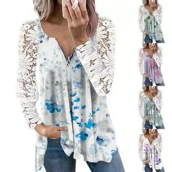 (Куниде) Женская футболка с принтом и кружевными рукавами, топ с принтом XXXL фиолетовый