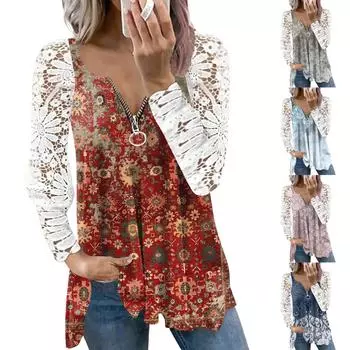 (Куниде) Женская футболка с принтом и кружевными рукавами, топ с принтом XXL хаки