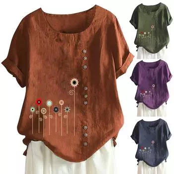 (Куниде) Женская хлопково-льняная футболка с круглым вырезом, коротким рукавом и пуговицами, футболка с принтом