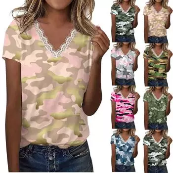 (Куниде) Женская кружевная футболка с короткими рукавами и v-образным вырезом с принтом, кружевная лоскутная футболка с короткими рукавами, топ