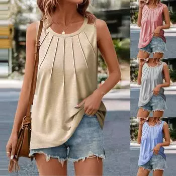 (Куниде) Женская летняя повседневная однотонная футболка без рукавов с круглым вырезом, топ