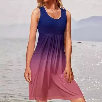 (Куниде) Женская летняя повседневная свободная пляжная юбка без рукавов с круглым вырезом, модное платье с градиентным принтом S зелёный