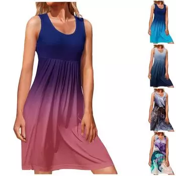 (Куниде) Женская летняя повседневная свободная пляжная юбка без рукавов с круглым вырезом, модное платье с градиентным принтом S фиолетовый