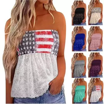 (Куниде) Женская майка-бандо без бретелек, повседневная кружевная летняя свободная рубашка без рукавов для отдыха, туника, майки, топы S чёрный