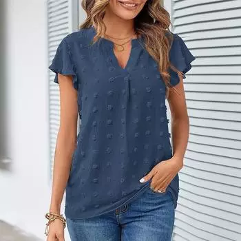 (Куниде) Женская мода, летняя шифоновая футболка с v-образным вырезом и рукавами-листом, футболка с короткими рукавами, топ