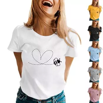 (Куниде) Женская мода, повседневная блузка с короткими рукавами и круглым вырезом с принтом в виде фестиваля медоносных пчел S розовый