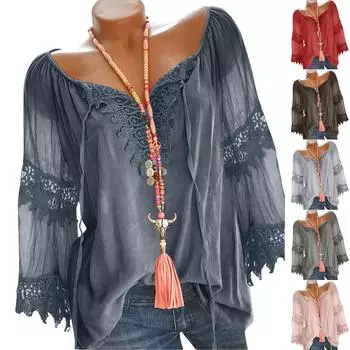 (Куниде) Женская мода, повседневная однотонная рубашка с v-образным вырезом из хлопка и льна, кружевная рубашка с длинными рукавами, топ S красный