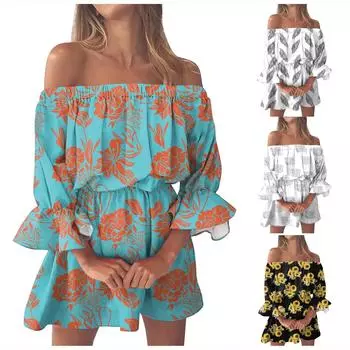 (Куниде) Женская мода повседневное сексуальное платье трапециевидной формы с принтом на одно плечо и средней талией с рюшами и рукавами S небесно-голубой