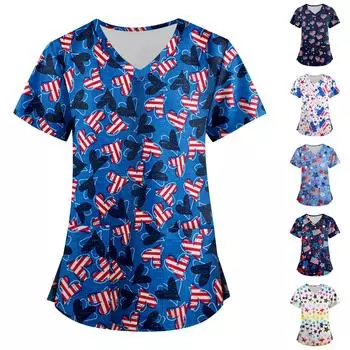 (Куниде) Женская мода с v-образным вырезом, короткими рукавами и карманами, топы с принтом L небесно-голубой