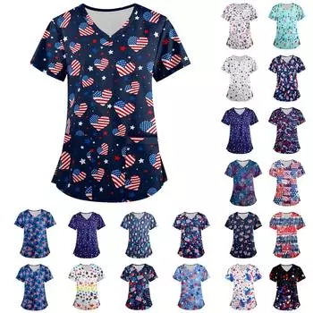 (Куниде) Женская мода с v-образным вырезом, короткими рукавами и карманами, топы с принтом XXXXXL небесно-голубой