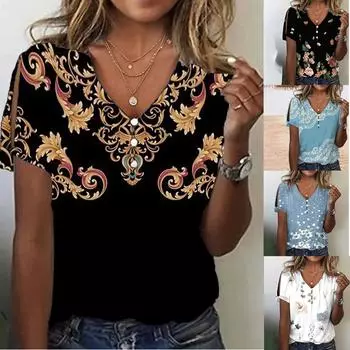 (Куниде) Женская модная футболка с v-образным вырезом и короткими рукавами с принтом XXL