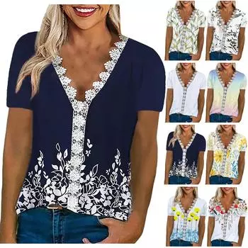 (Куниде) Женская модная футболка, удобный повседневный кружевной топ с v-образным вырезом, однотонный винтажный топ с короткими рукавами и принтом XL красный