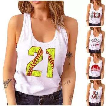 (Куниде) Женская модная повседневная бейсбольная блузка без рукавов с принтом на День матери и круглым вырезом L чёрный