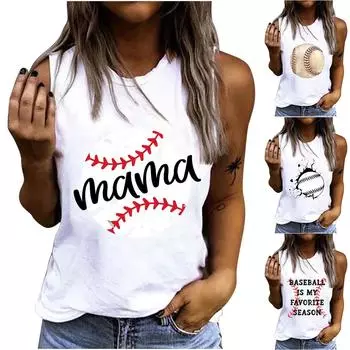 (Куниде) Женская модная повседневная бейсбольная блузка без рукавов с принтом на День матери и круглым вырезом L бежевый