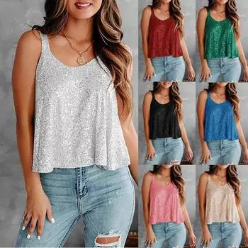 (Куниде) Женская модная повседневная майка без рукавов с круглым вырезом и блестками S розовый