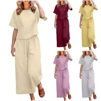 (Куниде) Женская повседневная пуловерная рубашка с длинным и коротким рукавом с круглым вырезом, художественный однотонный повседневный костюм в стиле ретро S розовый