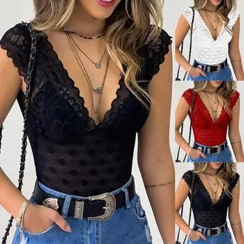 (Куниде) Женская повседневная сексуальная тонкая однотонная кружевная майка с v-образным вырезом, женское сексуальное кружевное эротическое белье S красный