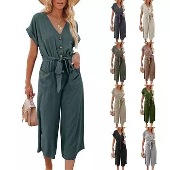 (Куниде) Женские летние модные комбинезоны с широкими штанинами на пуговицах и карманами, однотонные с короткими рукавами и V-образным вырезом S темно-зеленого