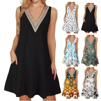 (Куниде) Женские летние повседневные платья без рукавов, накидки с v-образным вырезом, кружевное платье-майка, свободный струящийся пляжный сарафан в стиле бохо с карманами XL чёрный