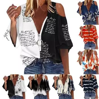 (Куниде) Женские летние топы с принтом и застежкой-молнией на шее, без бретелек, свободные футболки со средними рукавами, топы L синий