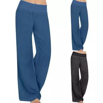 (Куниде) Женские модные однотонные прямые брюки, свободные домашние повседневные широкие брюки со средней талией M синий