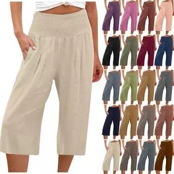 (Куниде) Женские однотонные повседневные эластичные брюки с высокой талией, однотонные семиточечные брюки с карманами S горячий розовый