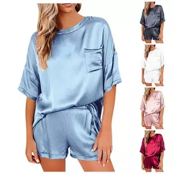 (Куниде) Женские повседневные однотонные пижамы, домашняя одежда, шорты с короткими рукавами, свободный костюм из двух предметов XL винный