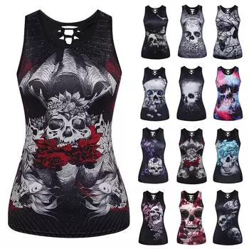 (Куниде) Женские повседневные свободные рубашки на бретельках без рукавов с принтом, милые топы, футболка-майка M красный