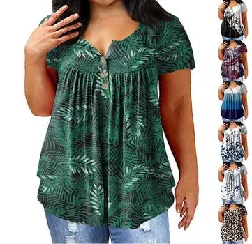 (Куниде) Женские повседневные свободные топы с короткими рукавами и v-образным вырезом с принтом, базовая футболка больших размеров