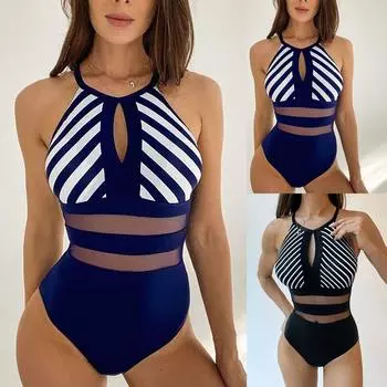 (Куниде) Женский модный цельный купальник бикини в полоску с принтом (С накладкой на грудь без стального бюстгальтера) S синий