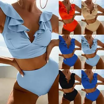 (Куниде) Женский модный однотонный пляжный купальник с рюшами и длинной юбкой, комплект (2 комплекта с накладкой на грудь без стального бюстгальтера) S синий