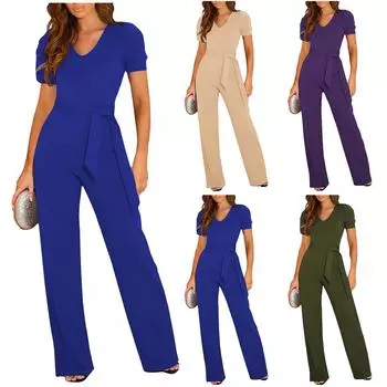 (Куниде) Женский однотонный комбинезон с v-образным вырезом и короткими рукавами, широкие брюки с ремнем на талии S фиолетовый