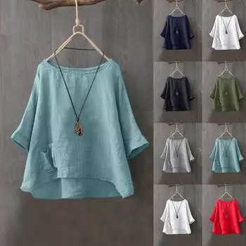 (Куниде) Женский однотонный повседневный топ из хлопка и льна с v-образным вырезом и карманом до половины рукава нестандартной длины S красный