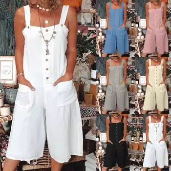 (Куниде) Женский повседневный комбинезон-капри без рукавов с широкими пуговицами и карманами M белый