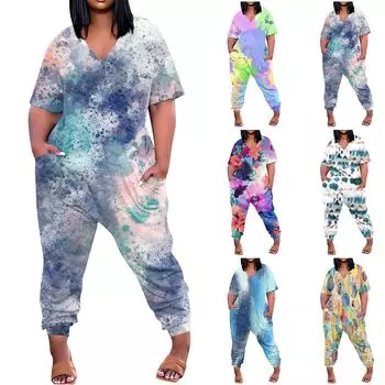 (Куниде) Женский свободный повседневный комбинезон больших размеров с v-образным вырезом и принтом и короткими рукавами M