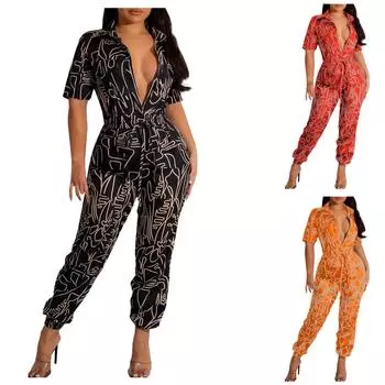 (Куниде) Женский весенне-летний повседневный новый модный комбинезон для похудения с короткими рукавами и принтом на талии с карманом L чёрный