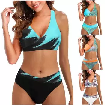 (Куниде) Женское модное бикини с разрезом и высокой талией, с подушечками для бюстгальтера и без стального купальника с бюстгальтером S синий