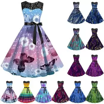 (Куниде) Женское модное кружевное лоскутное платье без рукавов с круглым вырезом и принтом на талии (С ремнем) M розовый