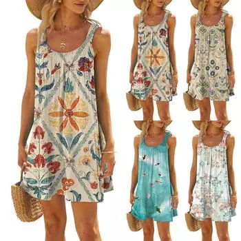 (Куниде) Женское модное летнее пляжное повседневное милое мини-платье без рукавов с принтом S