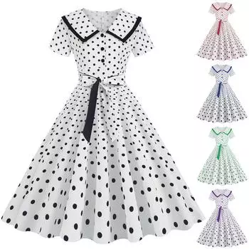 (Куниде) Женское модное винтажное платье макси в горошек с лацканами и поясом S красный