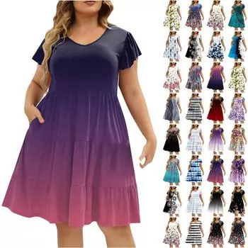 (Куниде) Женское платье больших размеров с v-образным вырезом и модным принтом, свободное удобное платье с большим подолом XL розовый