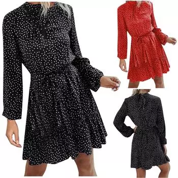 (Куниде) Женское платье длиной до колена, повседневное платье с длинным рукавом и цветочным принтом, тонкая блузка XL чёрный