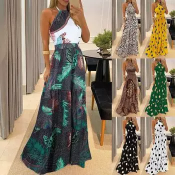 (Куниде) Женское платье макси с тропическим принтом и открытой спиной, сексуальное пляжное платье без рукавов S